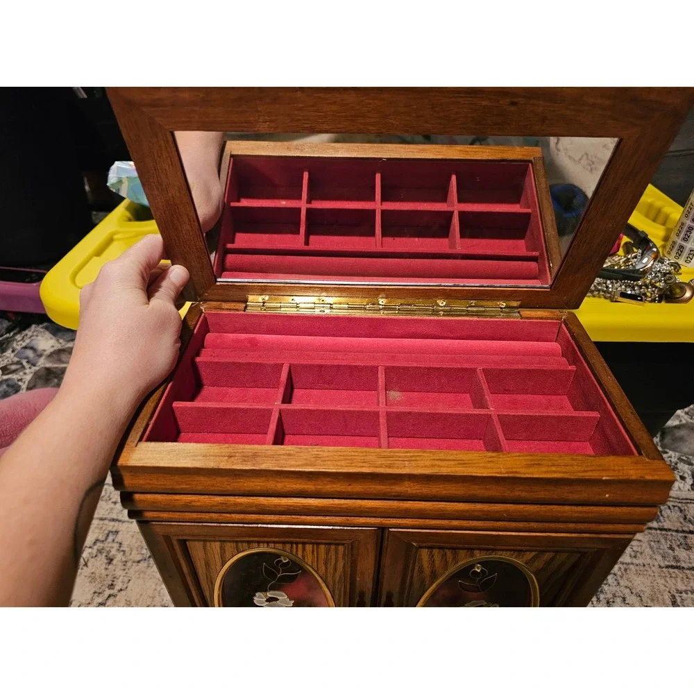 Vintage Wood Jewelry Armoire Etched Glass Floral Doors Red Velvet Lining Mirror